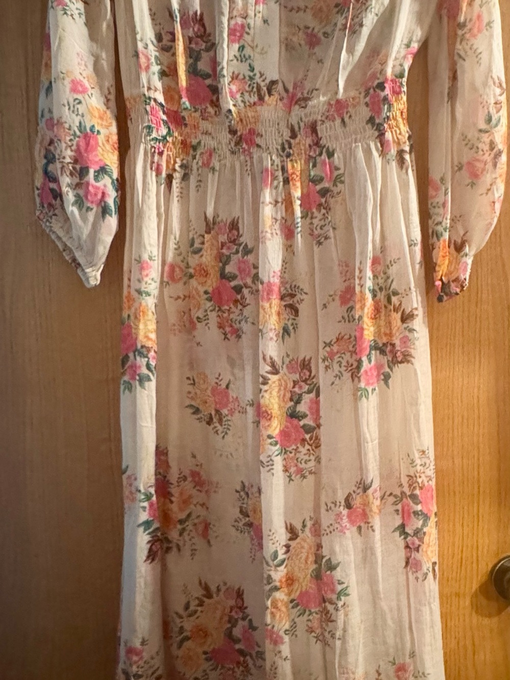 Aratta Cream see through embroidered Maxi Dress with Pink & Yellow Floral Print